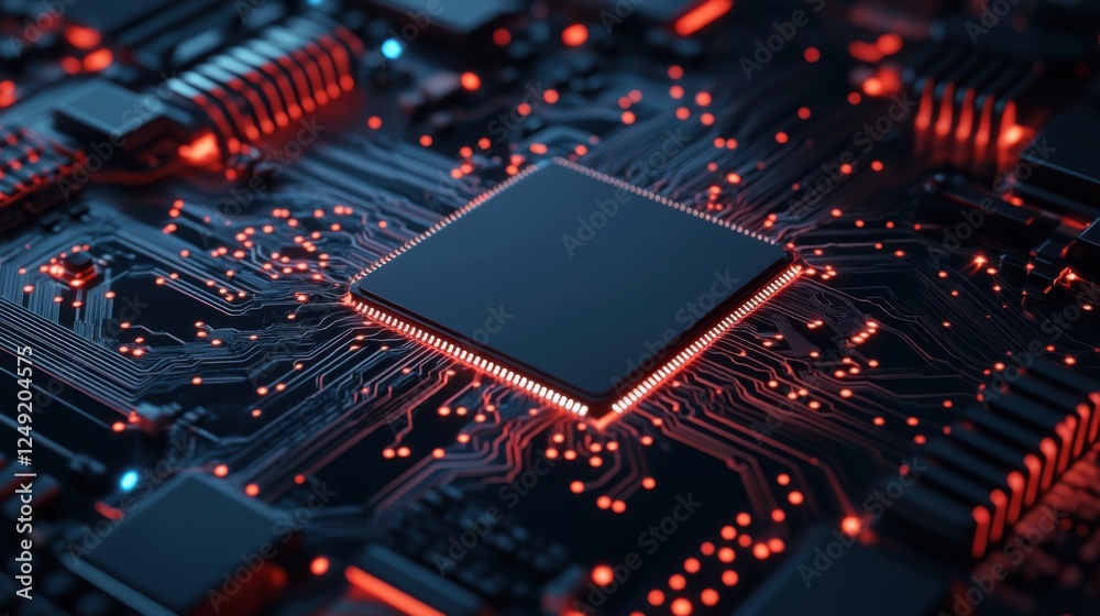 Close-Up View of a Circuit Board with Glowing Red LED Lights and Advanced Technology Components Close-Up View of a Circuit Board with Glowing Red LED Lights and Advanced Technology Components