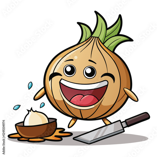 Cartoon Onion Character with Knife, Crying Onion Slice, Vector Illustration, Food Mascot, Cute Vegetable Art, Kitchen Design Element