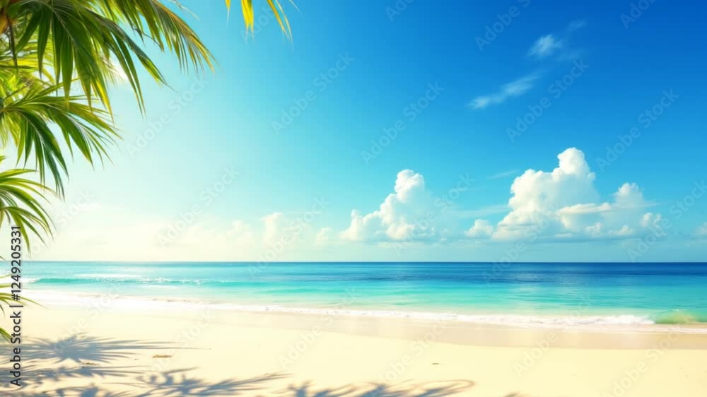 A serene beach scene with palm trees and a clear blue sky A serene beach scene with palm trees and a clear blue sky