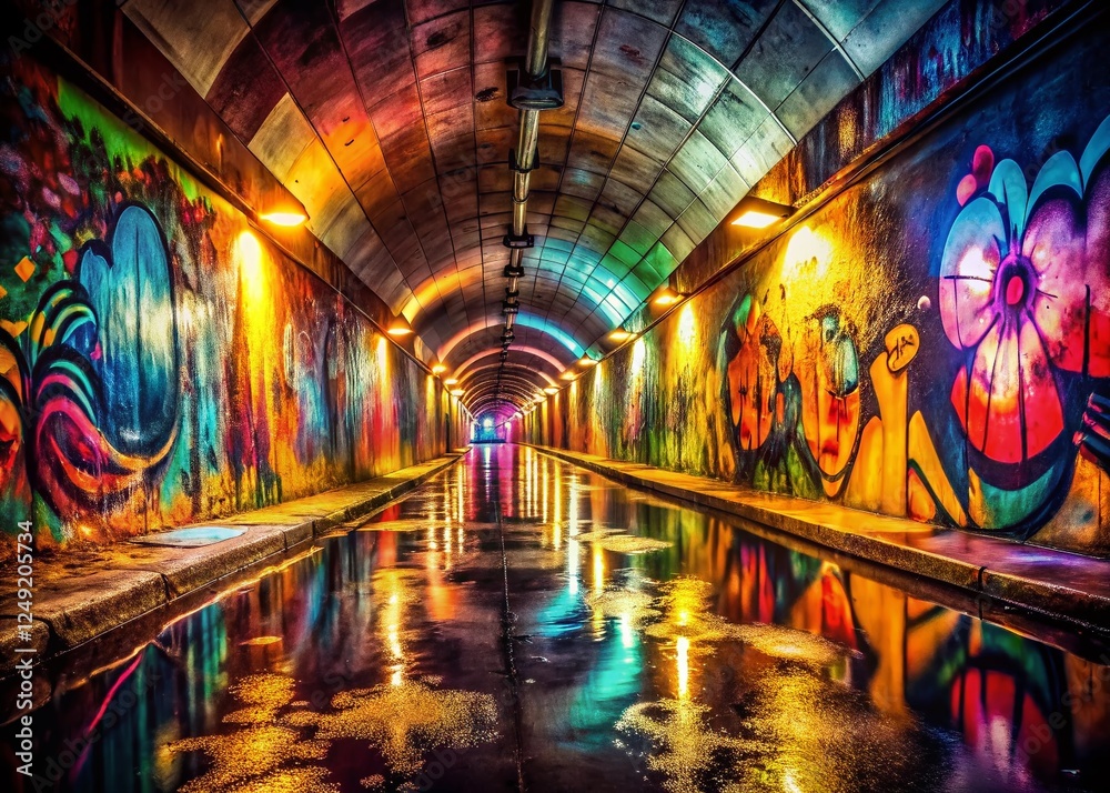Fototapeta premium Vibrant Graffiti Tunnel, Wet Surface Reflections, Vintage Photography Style