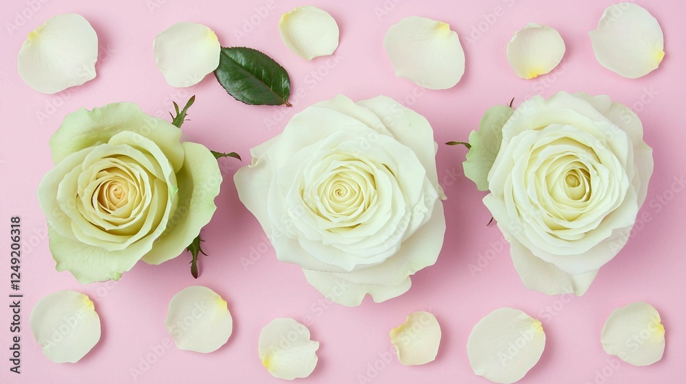 Elegant white roses surrounded by soft petals on pastel pink background Elegant white roses surrounded by soft petals on pastel pink background