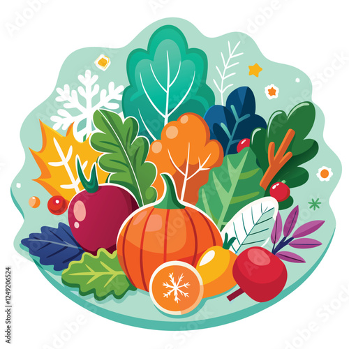 Autumn Harvest Illustration: Pumpkin, Leaves, Berries, & Seasonal Elements - Vector Graphic for Fall & Thanksgiving Designs