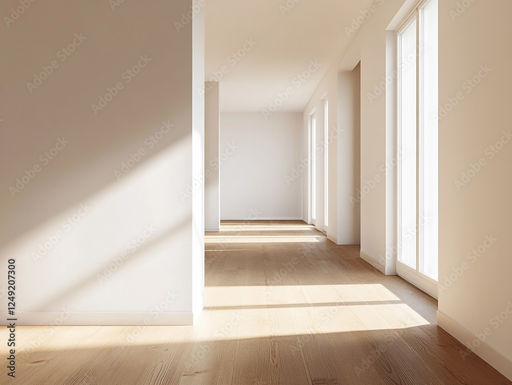 Fototapeta premium A bright, empty room with wooden floors, large windows, and sunlight streaming in, creating shadows on the floor and walls.