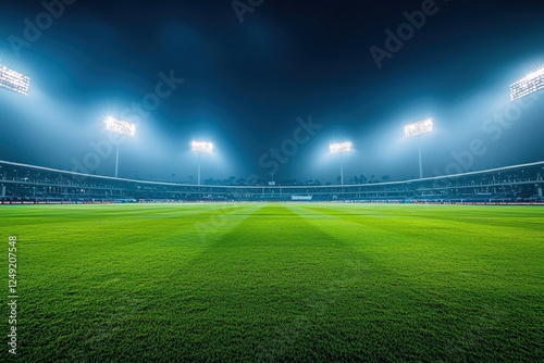 Cricket stadium under floodlights, empty field