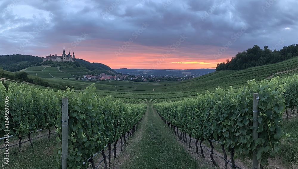 a panoramic view of the beautiful vineyards in Alz Blackjack, German at sunset with an old castle a panoramic view of the beautiful vineyards in Alz Blackjack, German at sunset with an old castle
