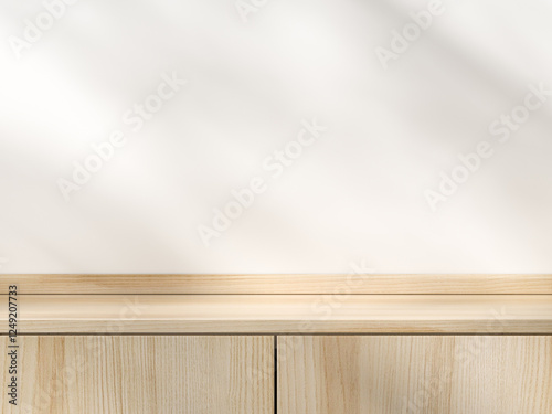 Fototapeta Naklejka Na Ścianę i Meble -  Natural Wooden Cabinet with Soft Light, Space for product presentation display. 3D illustration