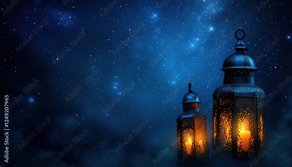 Fototapeta premium Ornate Metal Lanterns Glow Against a Night Sky Filled with Stars