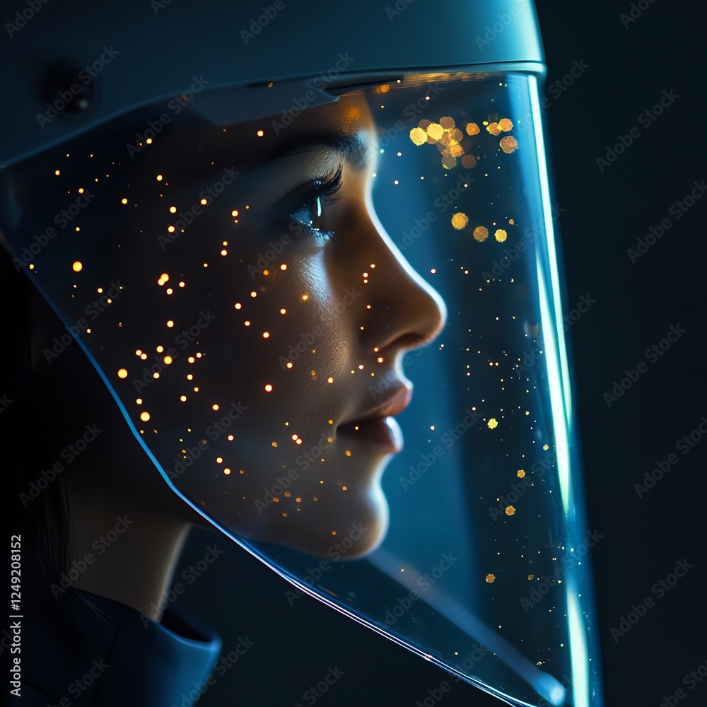 Fototapeta premium Profile of person wearing futuristic helmet with illuminated visor in dimly lit setting.