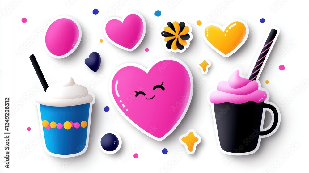 Cute Cartoon Dessert Stickers With Pink Heart And Drinks Cute Cartoon Dessert Stickers With Pink Heart And Drinks