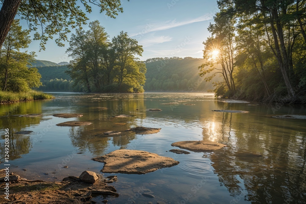 Obraz premium Freshwater Surface Clearance in a Peaceful River Lake Bathed in Sunlight