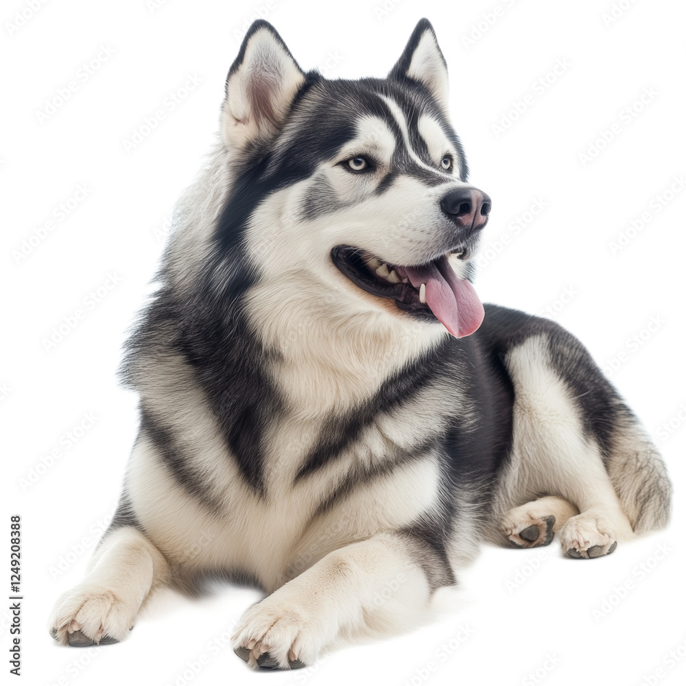 Fototapeta premium Alaskan Malamute Dog Lying Down on White Background