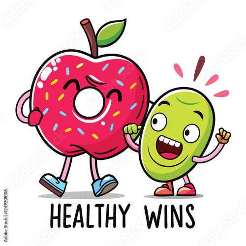 Healthy Eating Cartoon: Apple Donut & Green Bean Celebrating "Healthy Wins" - Funny Food Character Illustration for Nutrition Promotion
