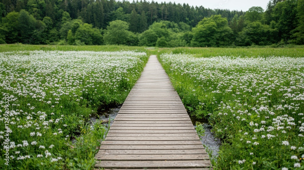 A serene wooden path leads through vibrant green fields filled with white flowers, surrounded by dense trees under a clear sky. A serene wooden path leads through vibrant green fields filled with white flowers, surrounded by dense trees under a clear sky.