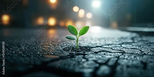 Fototapeta Naklejka Na Ścianę i Meble -  Challenge and change. A small green plant emerges from cracked pavement at night, symbolizing resilience and hope.