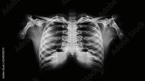 X-ray image showing detailed view of human torso including bones and internal organs