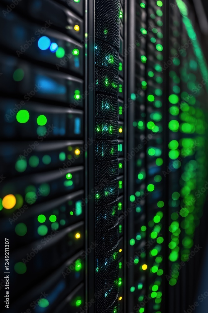 Advanced Data Center with High-Performance Servers Illuminated by Green LED Lights Advanced Data Center with High-Performance Servers Illuminated by Green LED Lights