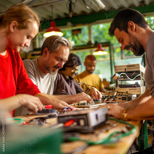 Close-up of diverse hands repairing electronics at a community repair cafe. Focus on collaboration, concentration, and warm lighting.
