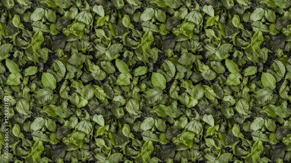 Close-up view of lush green leaves, covering a ground surface; dense foliage pattern Close-up view of lush green leaves, covering a ground surface; dense foliage pattern