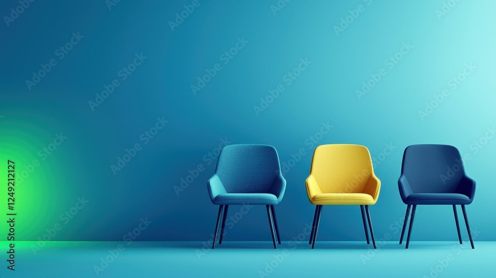 Challenge and change. Three stylish chairs in vibrant colors against a blue background with subtle lighting effects. Challenge and change. Three stylish chairs in vibrant colors against a blue background with subtle lighting effects.