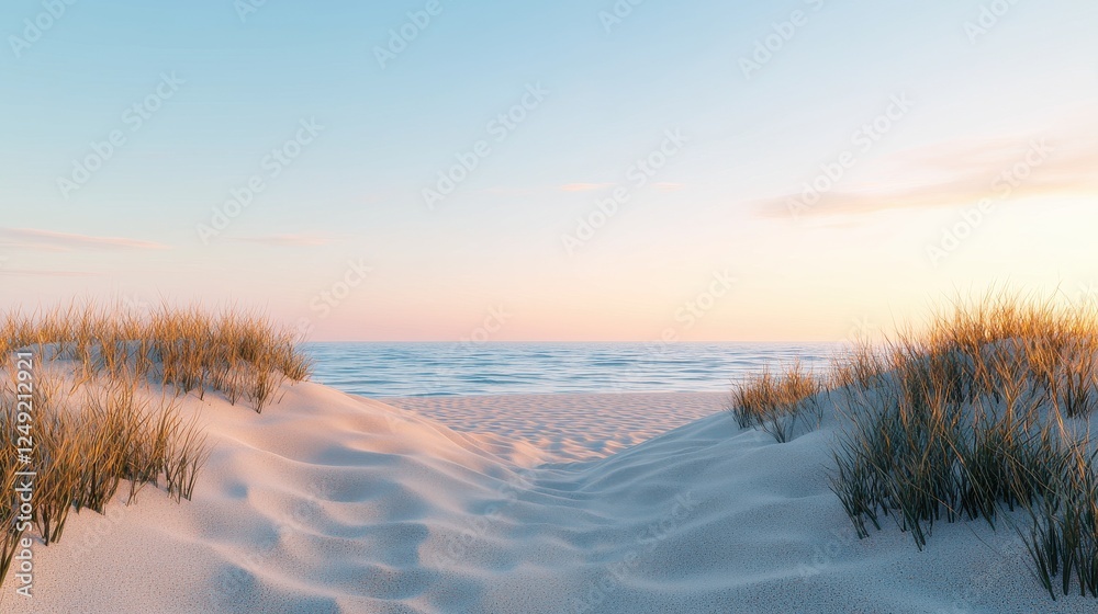 A serene beach scene with soft sand dunes and gentle waves under a pastel sky at sunset. A serene beach scene with soft sand dunes and gentle waves under a pastel sky at sunset.