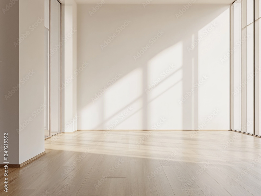 Fototapeta premium A bright, empty room with wooden floors, large windows, and sunlight streaming in, creating shadows on the floor and walls. 