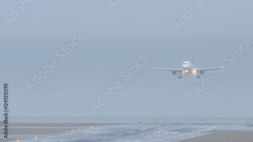 Wallpaper Mural Passenger plane landing and braking at foggy and rainy weather, poor visibility. Unrecognizable airliner arriving Torontodigital.ca