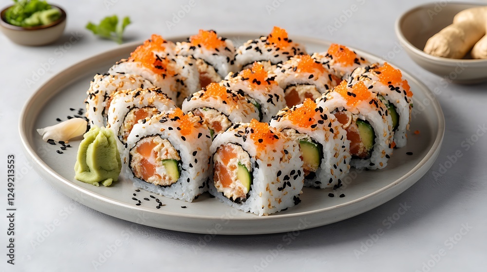 A plate of gourmet sushi rolls with wasabi and ginger, set against a light grey background, A plate of gourmet sushi rolls with wasabi and ginger, set against a light grey background,