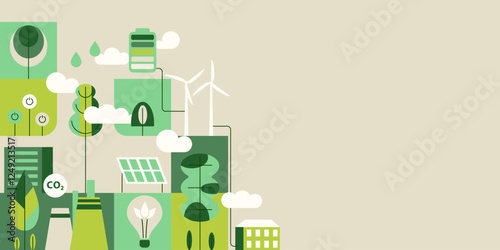 Environment, Social, Governance and sustainability development concept, geometry pattern, vector horizontal banner, ecology background with flat illustration
