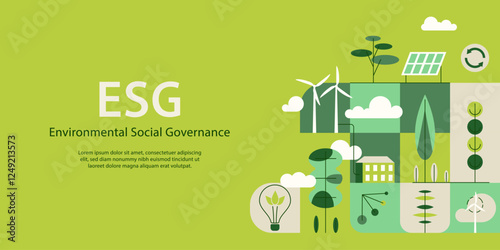 Environment, Social, Governance and sustainability development concept, geometry pattern, vector horizontal banner, ecology background with flat illustration