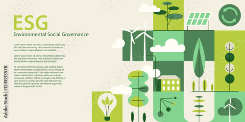 Environment, Social, Governance and sustainability development concept, geometry pattern, vector horizontal banner, ecology background with flat illustration