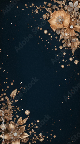 Golden Floral Frame: Elegant gold flowers and pearls create a luxurious frame against a deep navy blue background, perfect for invitations, announcements.