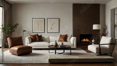 Elegant living room with cream and brown tones, featuring a symmetrical arrangement of a sofa, chairs, fireplace, and artwork