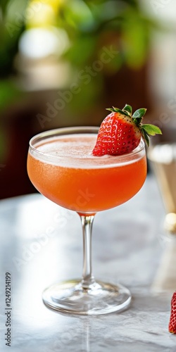 A rounded glass of strawberry juice with a fresh strawberry garnish, contrasting with a white backdrop