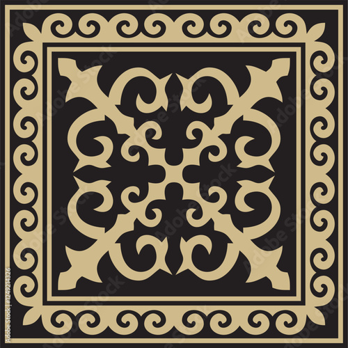 Vector golden with black Square Kazakh national ornament. Ethnic pattern of the peoples of the Great Steppe,
