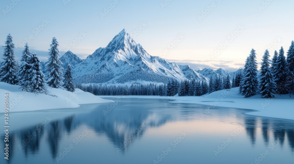 A serene winter landscape featuring a snow-covered mountain, tall evergreen trees, and a reflective lake under a clear blue sky. A serene winter landscape featuring a snow-covered mountain, tall evergreen trees, and a reflective lake under a clear blue sky.