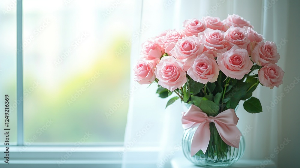 Obraz premium Soft Pink Roses in a Glass Vase with a Bow by a Window