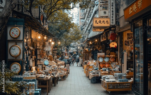 Asian street market alley, shoppers browsing vintage stores, daytime