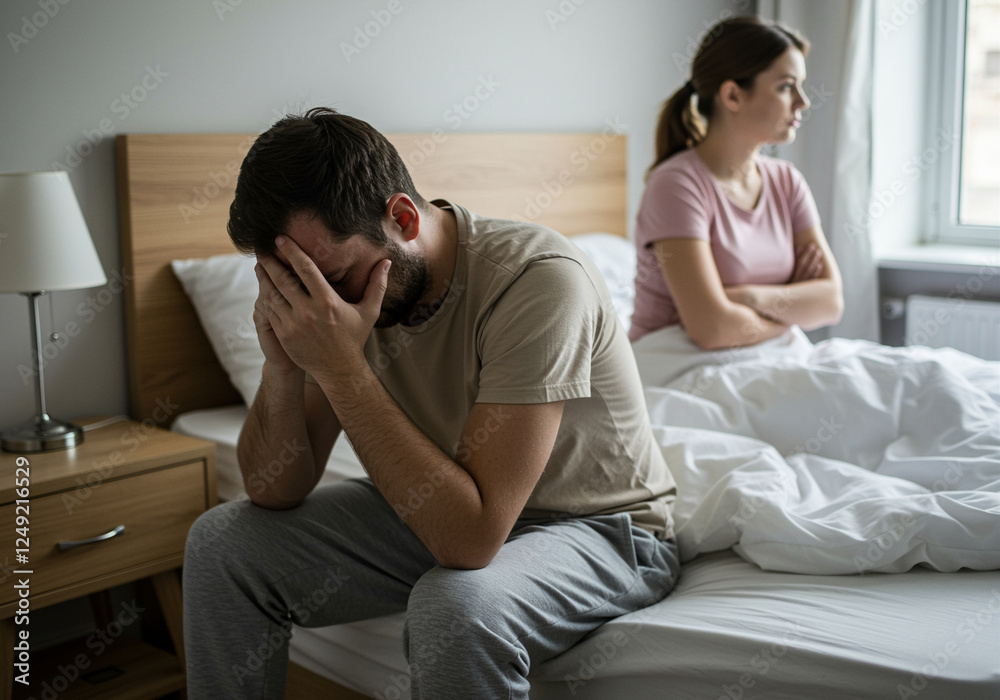 Couple experiencing emotional disconnect in bed during relationship conflict Couple experiencing emotional disconnect in bed during relationship conflict