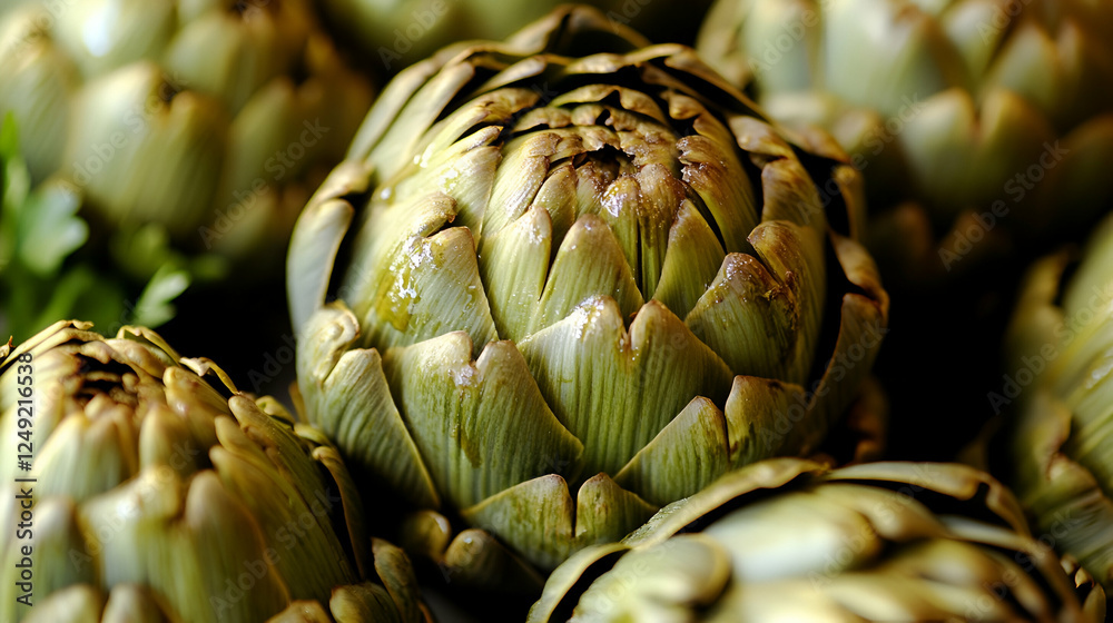 Close-up shot of several artichokes, showcasing their intricate textures and rich colors. Ideal for culinary, food blogs, or healthy eating themes. Close-up shot of several artichokes, showcasing their intricate textures and rich colors. Ideal for culinary, food blogs, or healthy eating themes.