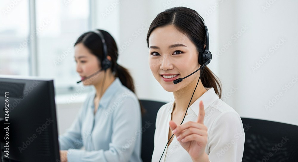 Customer service representatives working in an office with headsets providing assistance in a business environment Customer service representatives working in an office with headsets providing assistance in a business environment