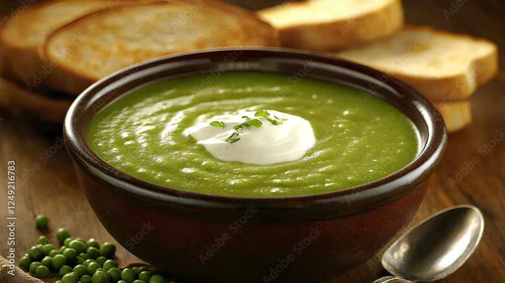 Creamy pea soup in rustic bowl with toasted bread. Perfect for a healthy and delicious meal. Creamy pea soup in rustic bowl with toasted bread. Perfect for a healthy and delicious meal.