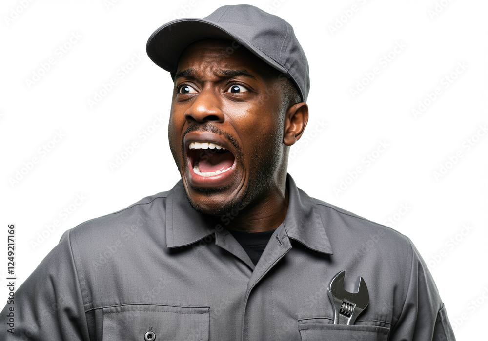 Angry mechanic expressing frustration in workshop with wrench Angry mechanic expressing frustration in workshop with wrench