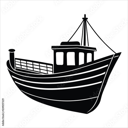 Fishing boat vector illustration silhouette on a white background.