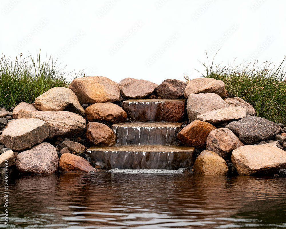 A serene water feature showcasing gentle cascading water over smooth stones, surrounded by lush grass. This tranquil scene invites relaxation and a connection with nature. A serene water feature showcasing gentle cascading water over smooth stones, surrounded by lush grass. This tranquil scene invites relaxation and a connection with nature.