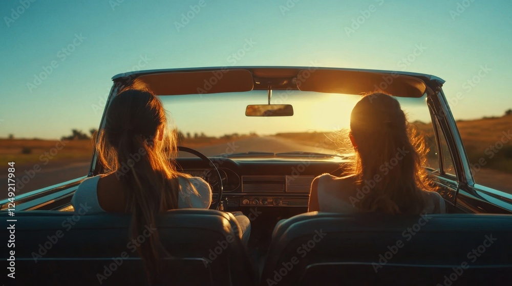 Fototapeta premium A cinematic still of young women sitting in a classic car, looking towards the horizon as they embark on a road trip