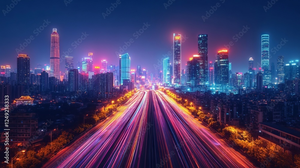 Vibrant Urban Nightscape Capturing Dynamic Light Trails from Moving Vehicles Against a Backdrop of Twinkling City Lights and Skyscrapers Creating a Lively Metropolis Atmosphere Vibrant Urban Nightscape Capturing Dynamic Light Trails from Moving Vehicles Against a Backdrop of Twinkling City Lights and Skyscrapers Creating a Lively Metropolis Atmosphere
