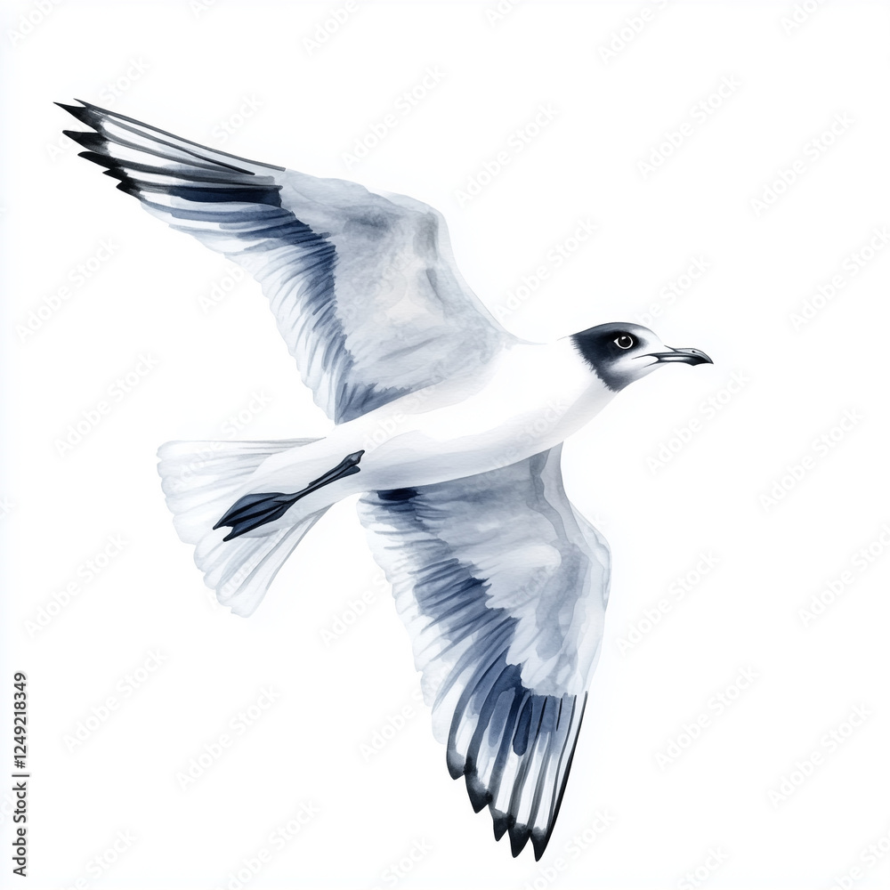 Obraz premium Illustration of the Gull in flight, soft watercolor tones, white background, detailed illustration, cartoonish.