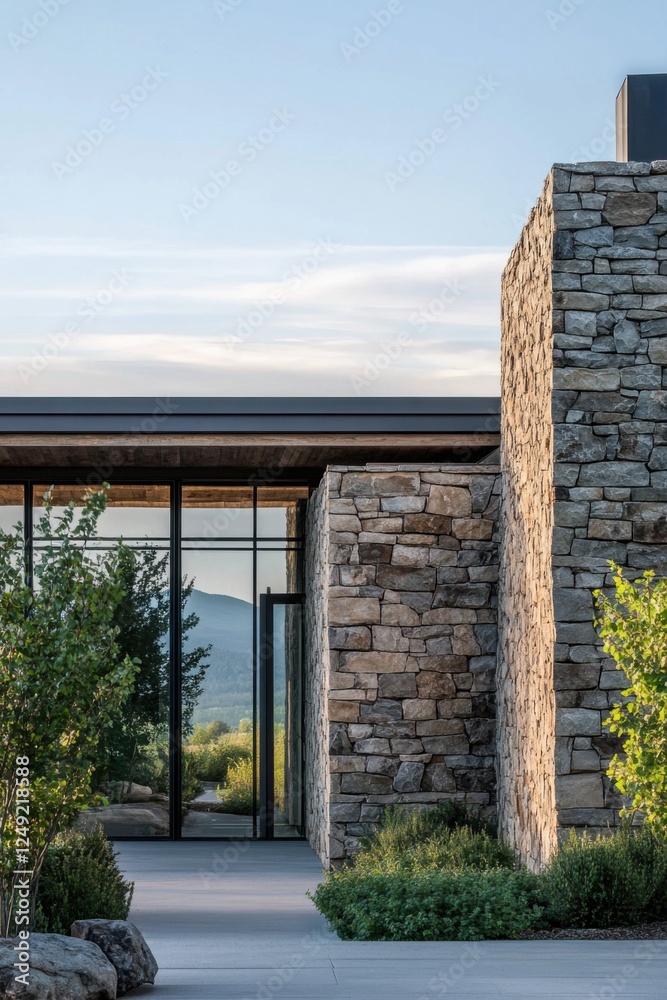 Fototapeta premium Modern architecture meets nature in a stunning stone building surrounded by lush greenery and mountains during golden hour