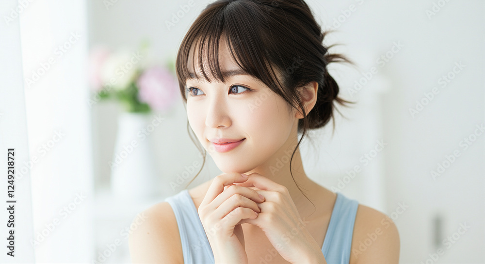 Happy woman smiling with a gentle expression in a bright room surrounded by flowers Happy woman smiling with a gentle expression in a bright room surrounded by flowers