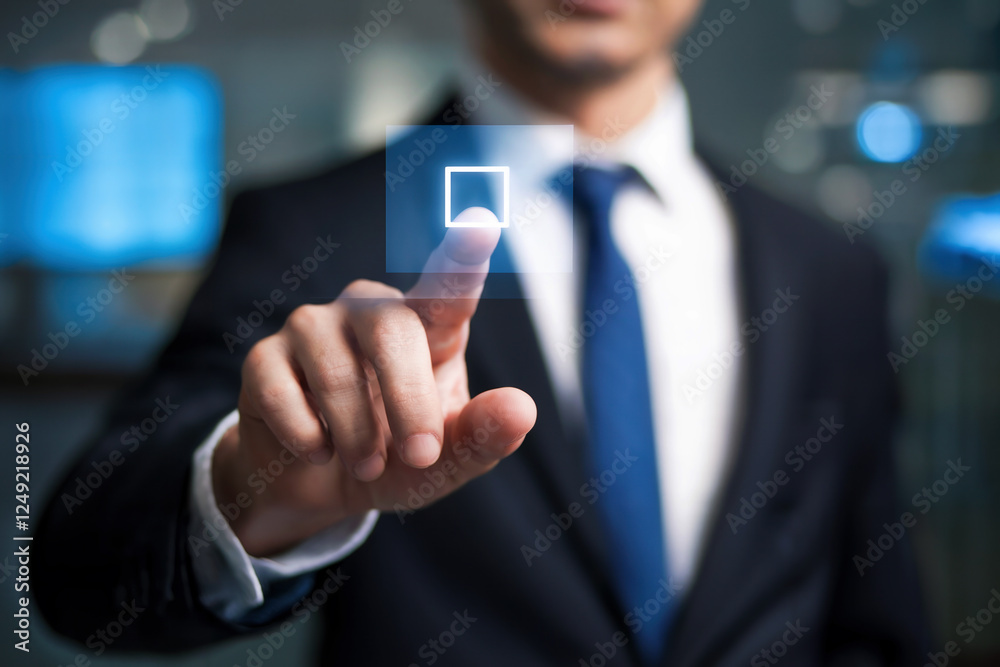 Male businessman touches a dot in a square on a transparent board. Male businessman touches a dot in a square on a transparent board.